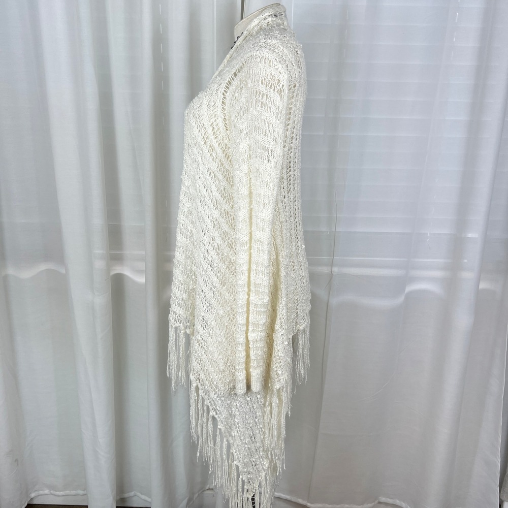 Boho Crochet Open Knit Fringe Duster Cardigan Ivory Cotton Blend M/L Festival - Picture 7 of 10